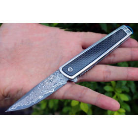 Damascus Blade Material Vietnam War Warrior Quick Opening Carbon Fiber Handle Folding Knife UD405467